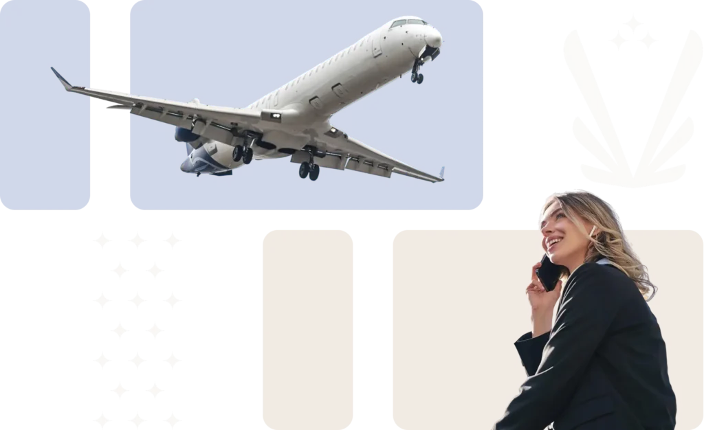 Executiva sorridente ao telefone com avião decolando ao fundo, representando viagens, crescimento profissional e transição de carreira — identidade visual da consultoria Volare.